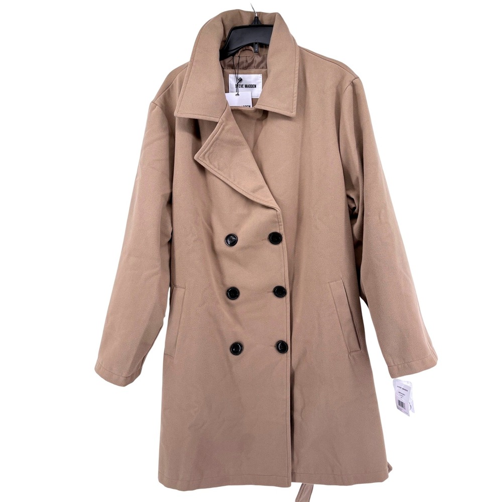 Steve Madden Womens Camel Double Breasted Belted Peacoat Jacket OPA1921 2X NEW